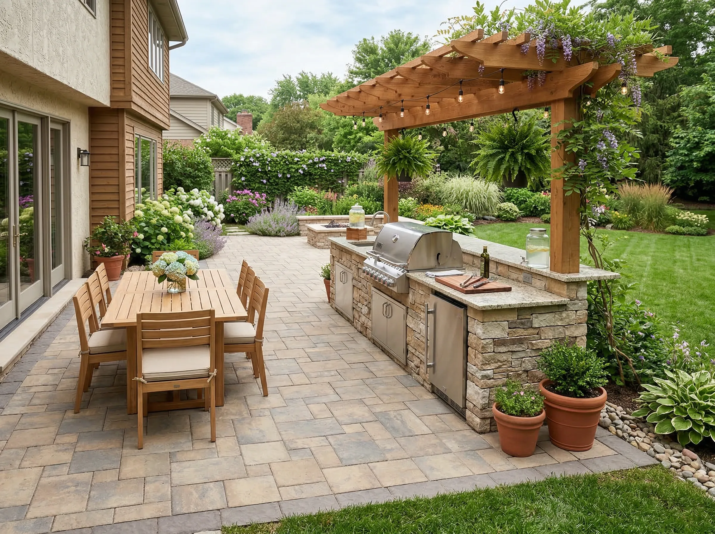 Backyard patio with a wooden dining table and chairs, a built-in grill under a wooden pergola, and lush garden surroundings.