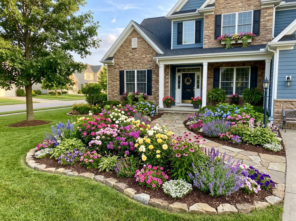 Curved stone-edged flower bed in front of a blue brick house, filled with colorful blooming flowers and a stone pathway to the porch.